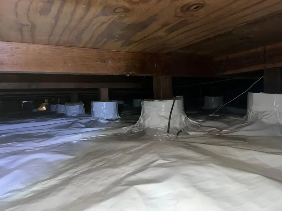 Long, clean crawl space with white sheeting over the ground