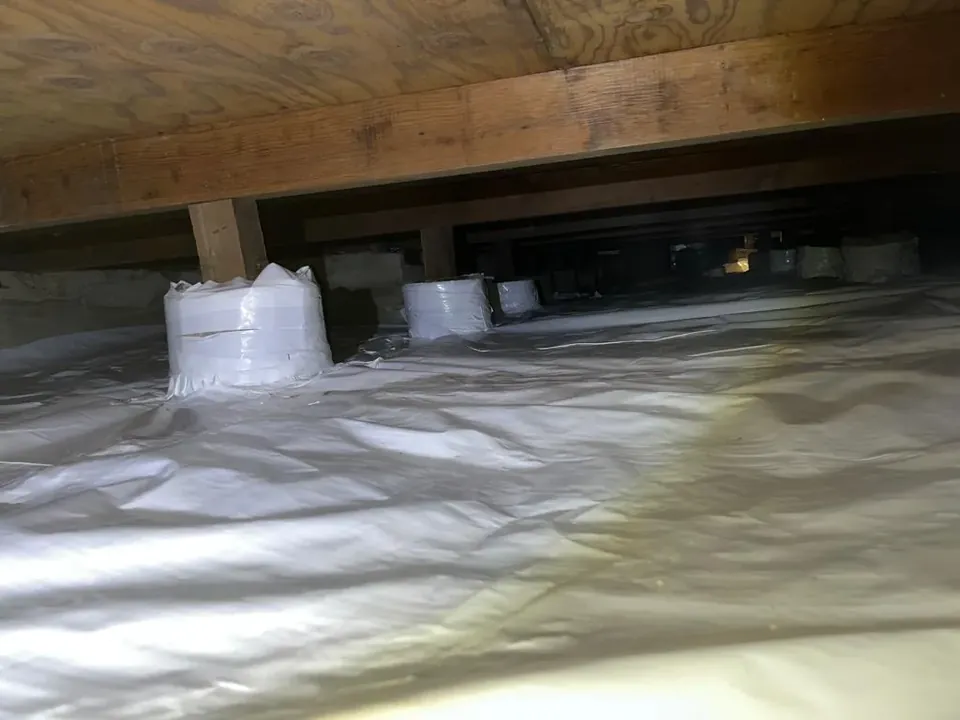 Clean crawl space with white vapor barrier laid flat over the ground