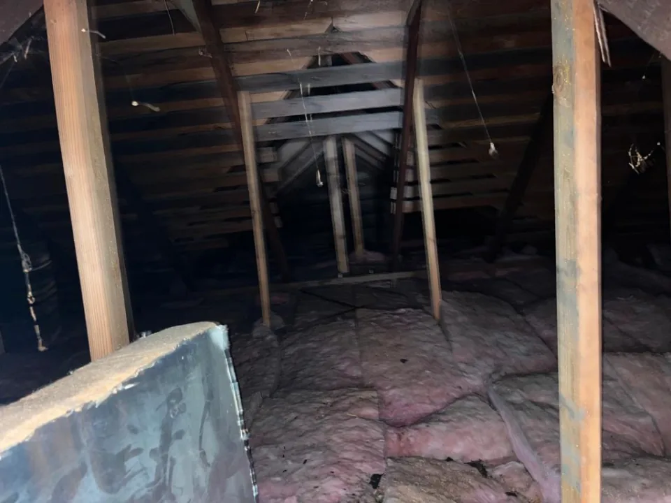 Attic before the job: old pink batt insulation lying flattened and uneven between wooden posts, with dark debris on top and the gable end in the background